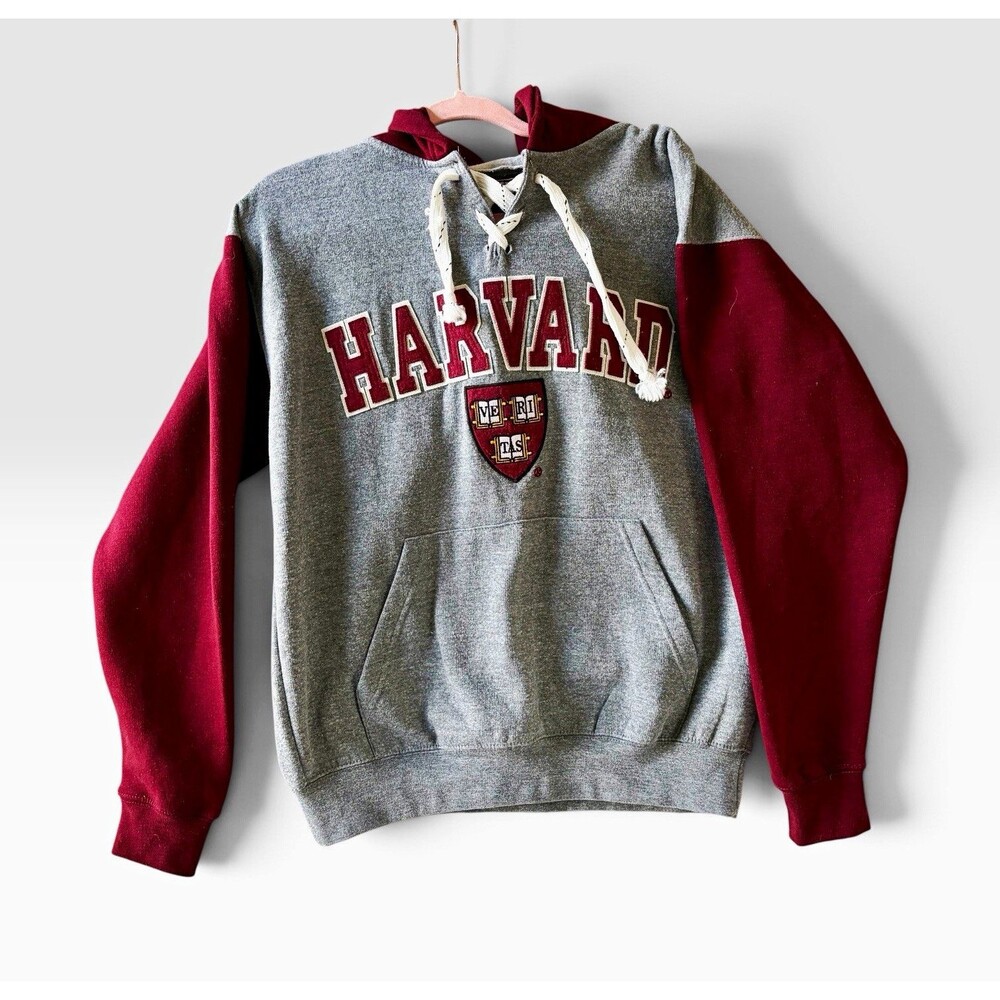 Harvard University Hoodie Mens M Bay State Lace Up Gray Crimson Y2K Pullover